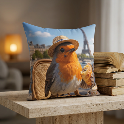 A square decorative throw pillow featuring a printed illustration of a robin wearing a straw hat and sitting on a chair in paris, set on a stone table next to stacked books in a softly lit room.