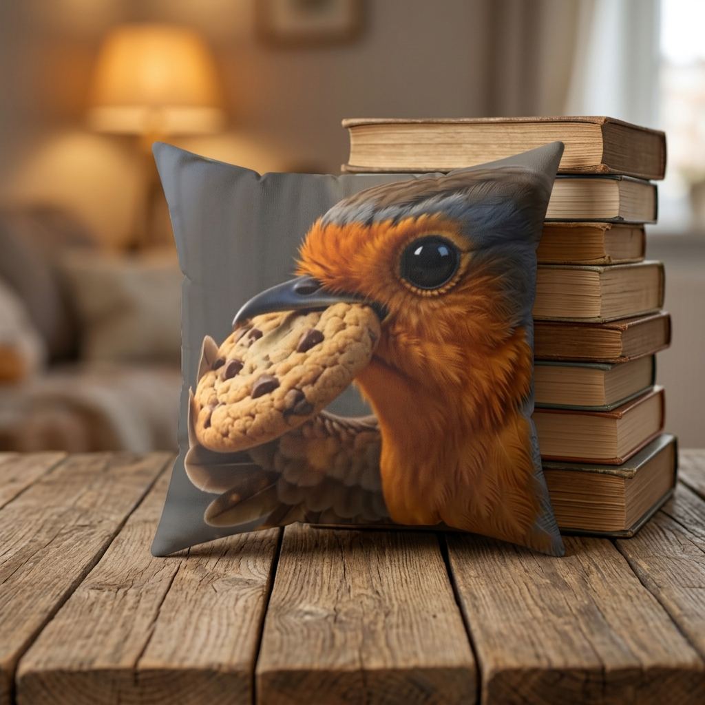 A square throw pillow featuring a printed graphic of a bird holding a cookie, styled on a wooden table next to a stack of books in a cozy, softly blurred living room setting.