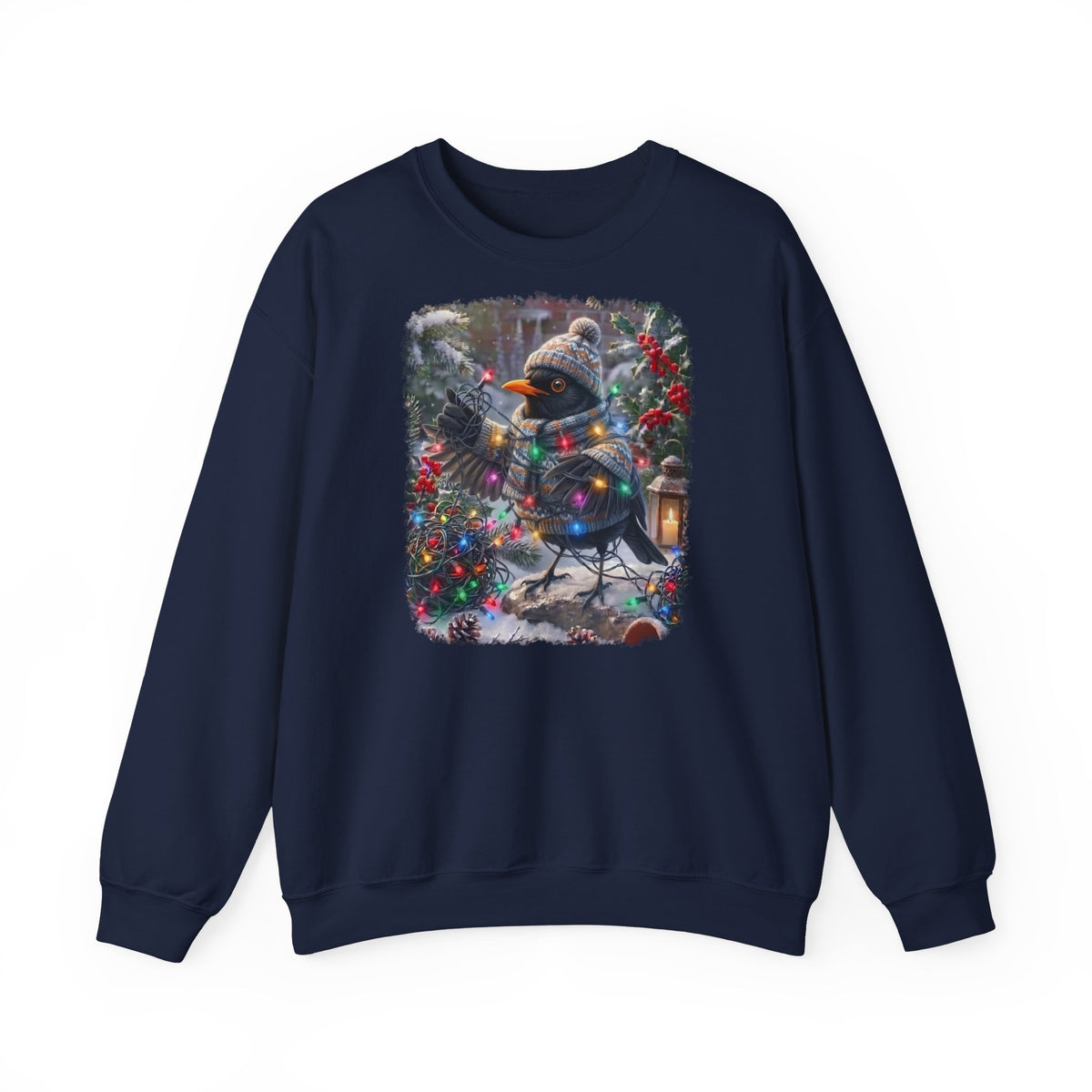 Premium Sweatshirt Amsel und die Lichterkette im winterlichen Garten für Vogelfreunde