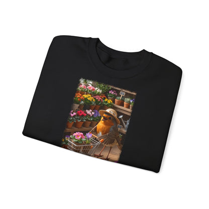 Lustiges Rotkehlchen Sweatshirt mit Blumen-Einkaufswagen | Süßer Vogel Pullover für Pflanzenliebhaber