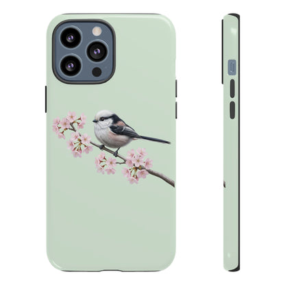 Schwanzmeise Handyhülle in Salbeigrün | Florales Kirschblüten Vogel-Motiv für iPhone & Google Pixel