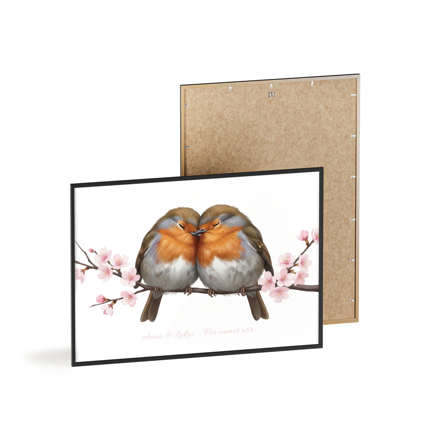 Personalisiertes Wandbild im Holzrahmen – Rotkehlchen-Paar mit Wunschnamen