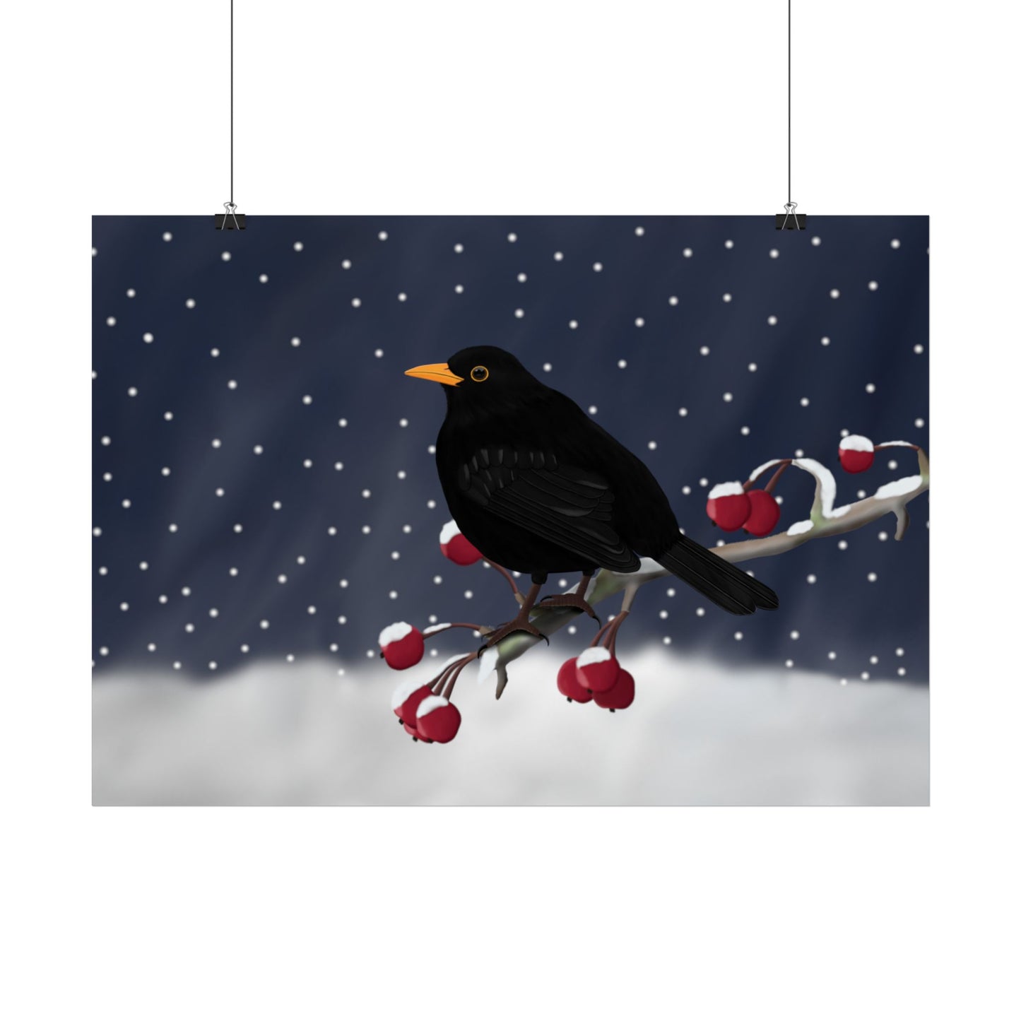 Amsel auf einem Ast im Schnee Vogel Poster