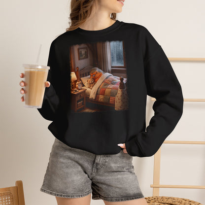 Süßes Rotkehlchen Sweatshirt im Bett mit Teddy | Kuscheliger Vogel Pullover für Langschläfer