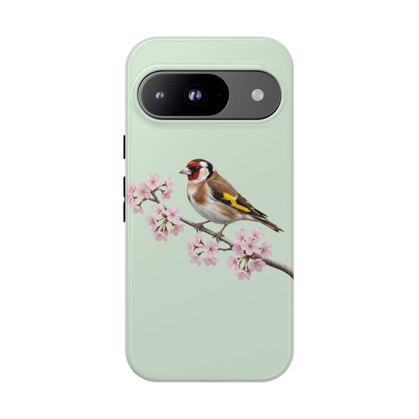 Stieglitz Handyhülle in Salbeigrün | Florales Kirschblüten Vogel-Motiv für iPhone & Google Pixel