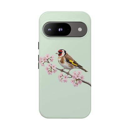 Stieglitz Handyhülle in Salbeigrün | Florales Kirschblüten Vogel-Motiv für iPhone & Google Pixel