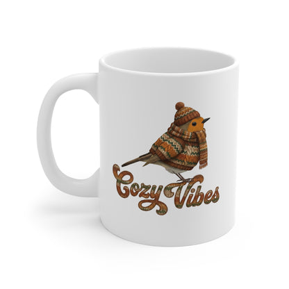 Rotkehlchen mit Strickpullover Weihnachtliche Tasse mit Vogelmotiv Cozy Vibes – Ideal für Kakao & Kaffee