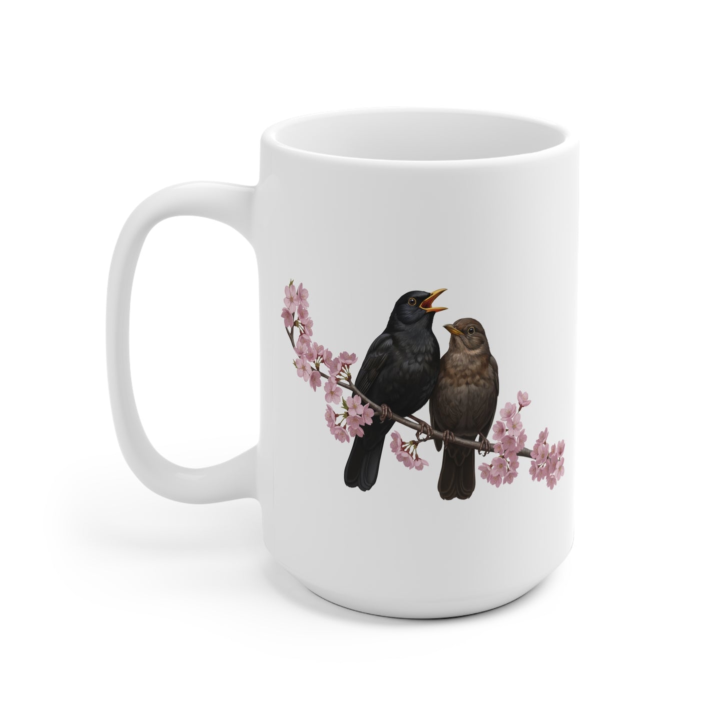 Amsel Pärchen in Kirschblüten Tasse - Romantisches Geschenk für Vogelfreunde