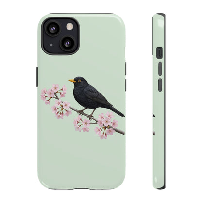 Amsel Handyhülle in Salbeigrün | Florales Kirschblüten Vogel-Motiv für iPhone & Google Pixel – animal lover,