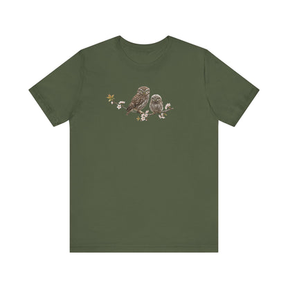 Eule Steinkauz & Jungvogel T-Shirt | Frühlingsblüten Vogelmotiv für Vogelbeobachter
