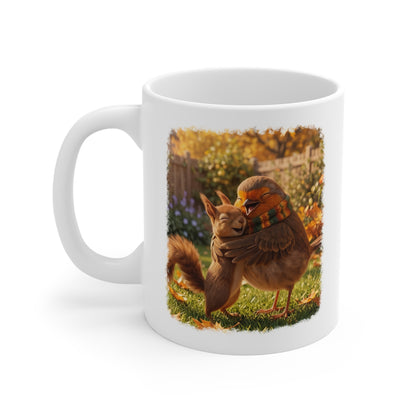 Rotkehlchen & Eichhörnchen Tasse „Rosi“ – Süßer Kaffeebecher mit Umarmung im Garten