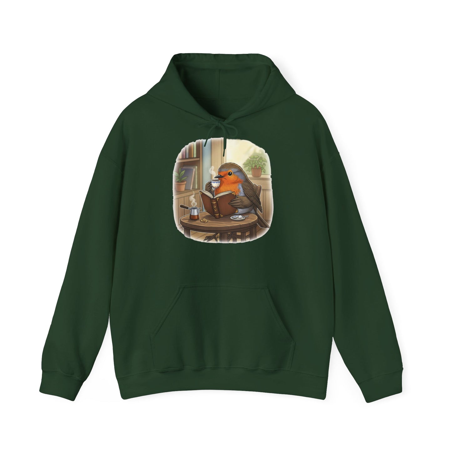 Rotkehlchen liest Bücher und trinkt Kaffee Vogel Hoodie - Kapuzenpullover für Vogelbeobachter mit Vogelmotiv
