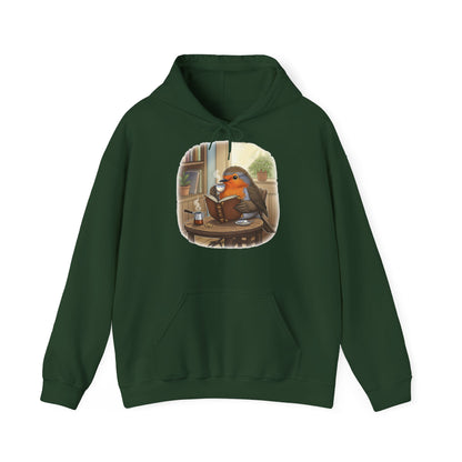 Rotkehlchen liest Bücher und trinkt Kaffee Vogel Hoodie - Kapuzenpullover für Vogelbeobachter mit Vogelmotiv
