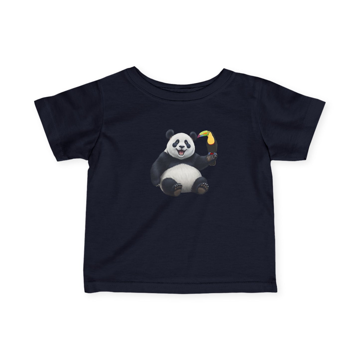 Fröhlicher Panda mit Tukan Vogel Tiermotiv T-Shirt für Babys und Kleinkinder
