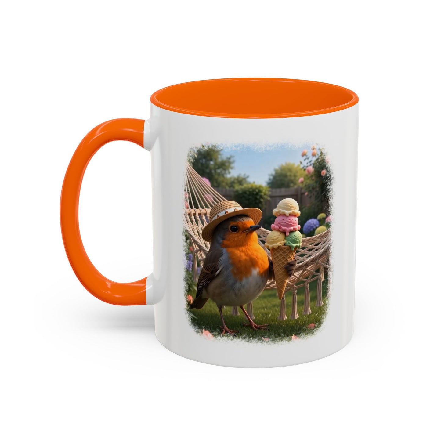 Keramiktasse Rosi Rotkehlchen und das Riesen-Eis im Garten – Kaffeebecher mit farbigem Henkel (330 ml)