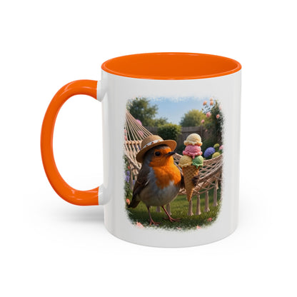 Keramiktasse Rosi Rotkehlchen und das Riesen-Eis im Garten – Kaffeebecher mit farbigem Henkel (330 ml)