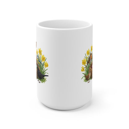 Kaninchen Rotkehlchen Amsel am Nest mit Osterglocken Tasse - Oster-Geschenk für Vogelfreunde