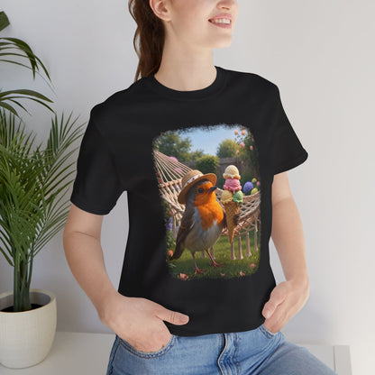 Premium T-Shirt Rosi Rotkehlchen & das Riesen-Eis im Garten für Vogelbeobachter