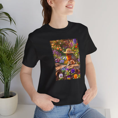 Niedliches Rotkehlchen T-Shirt beim Blumen gießen | Gemütliches Garten-Motiv