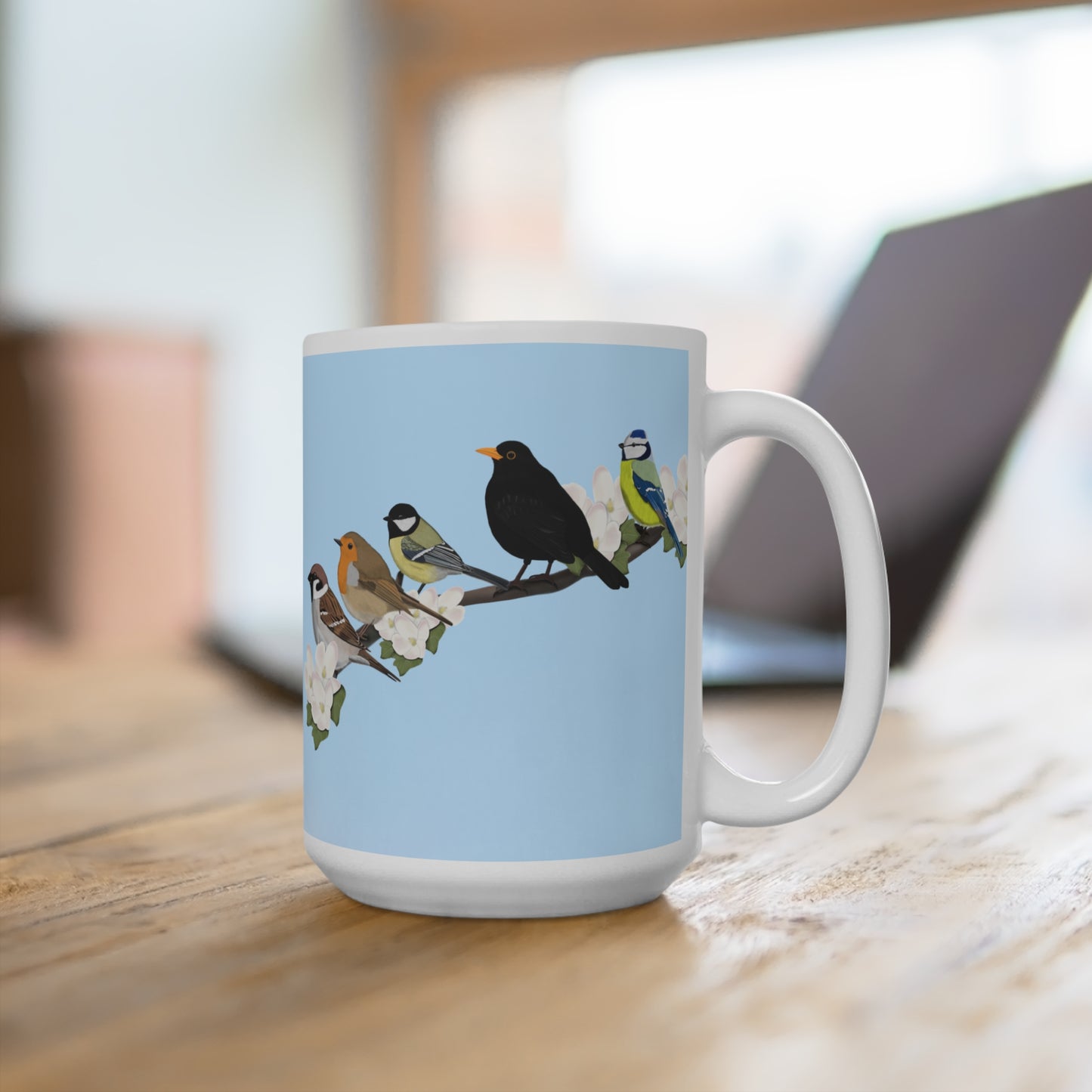 Amsel Rotkehlchen Kohlmeise auf einem Ast mit Apfelblüten im Frühling Vogel Tasse für Vogelfreunde