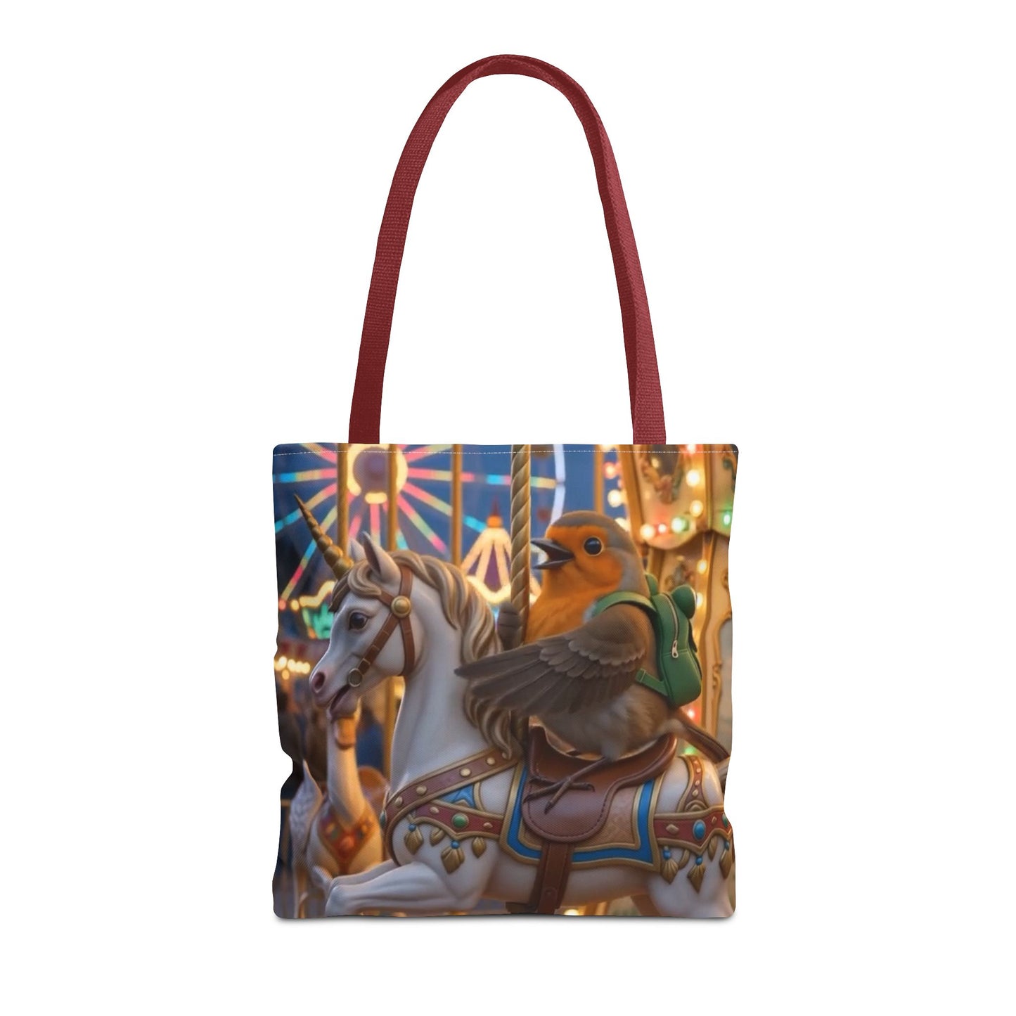 A tote bag with a printed design of a bird riding a carousel unicorn, featuring dark red shoulder straps, on a plain white background.