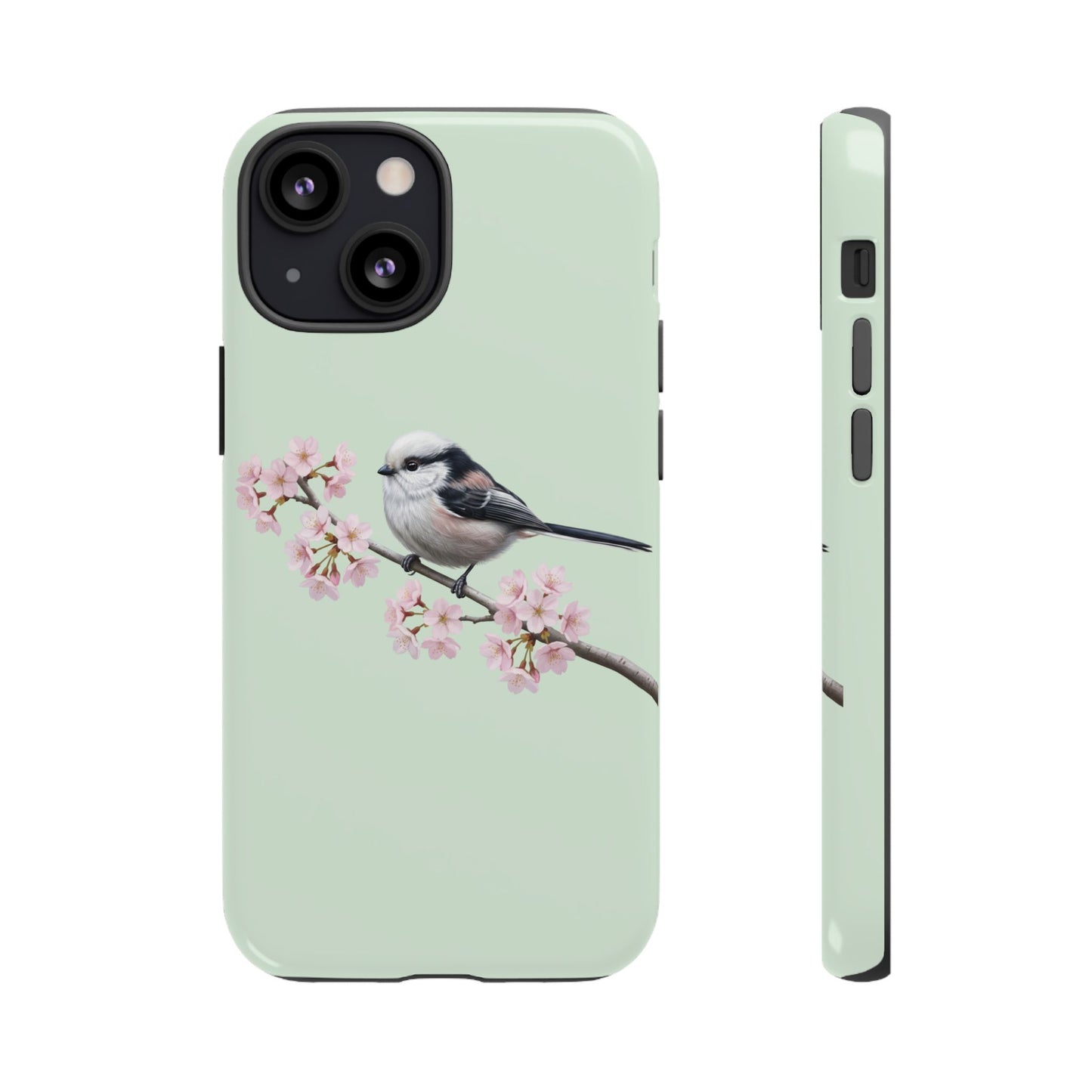 Schwanzmeise Handyhülle in Salbeigrün | Florales Kirschblüten Vogel-Motiv für iPhone & Google Pixel
