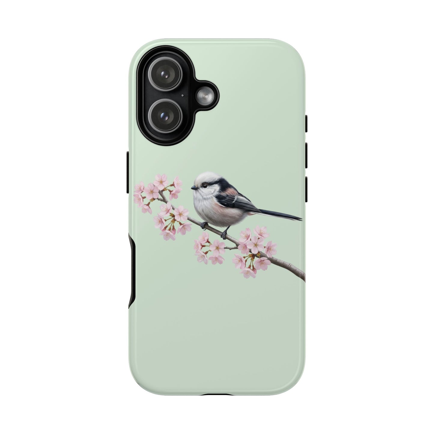 Schwanzmeise Handyhülle in Salbeigrün | Florales Kirschblüten Vogel-Motiv für iPhone & Google Pixel