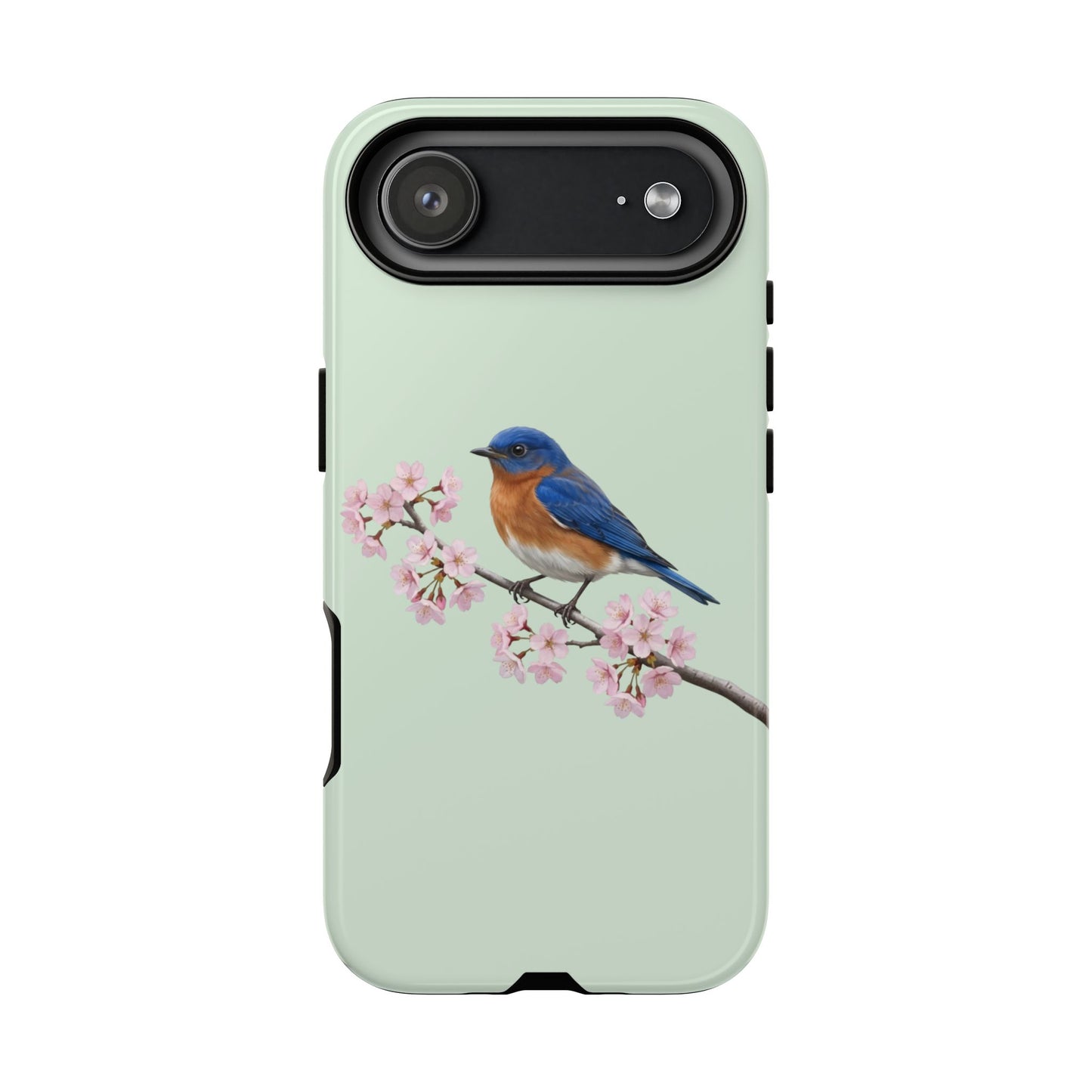 Rotkehl-Hüttensänger Handyhülle in Salbeigrün | Florales Kirschblüten Vogel-Motiv für iPhone & Google Pixel