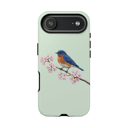 Rotkehl-Hüttensänger Handyhülle in Salbeigrün | Florales Kirschblüten Vogel-Motiv für iPhone & Google Pixel