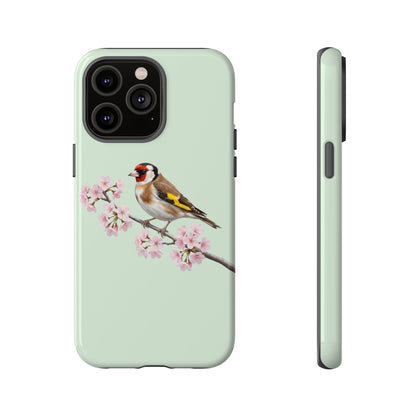 Stieglitz Handyhülle in Salbeigrün | Florales Kirschblüten Vogel-Motiv für iPhone & Google Pixel