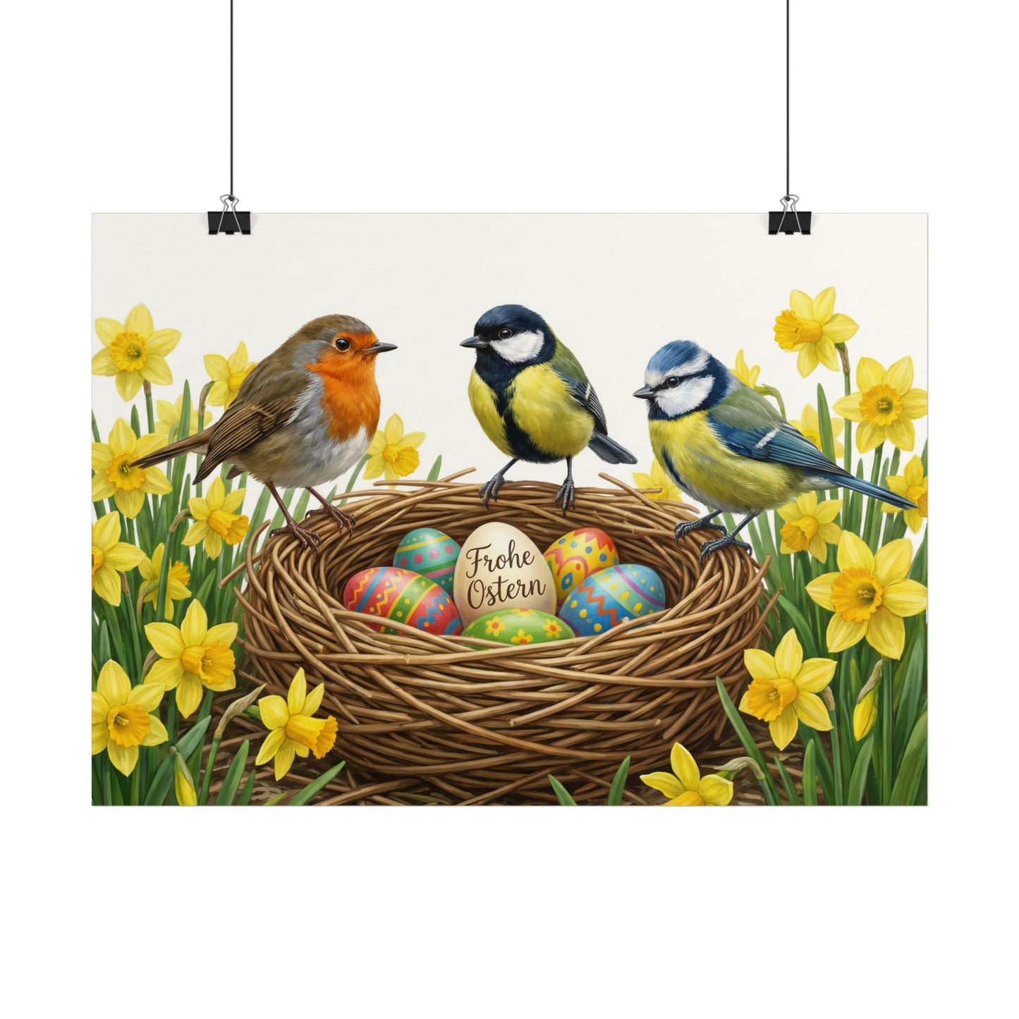 Premium Poster Rotkehlchen, Blaumeise, Kohlmeise Frohe Ostern & Osterglocken (Matt)