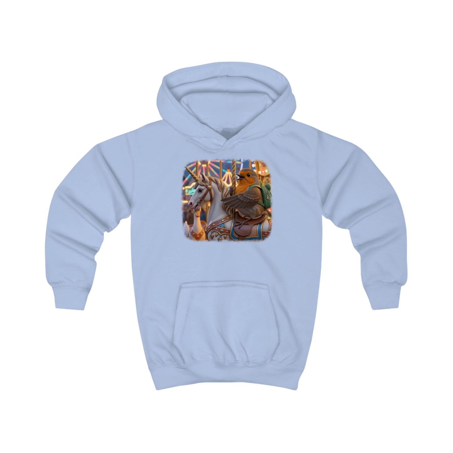 Kuscheliger Kinder Hoodie Rosi Rotkehlchen & das Karussell-Einhorn