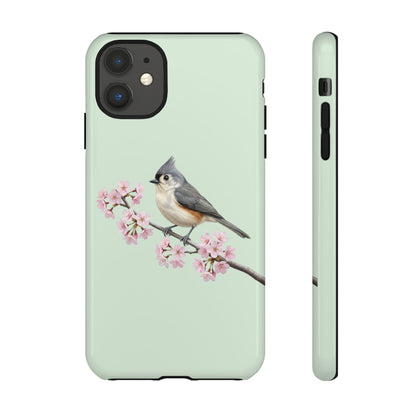 Meise Handyhülle – Grauhäubchenmeise in Salbeigrün | Florales Kirschblüten Vogel-Motiv für iPhone & Google Pixel