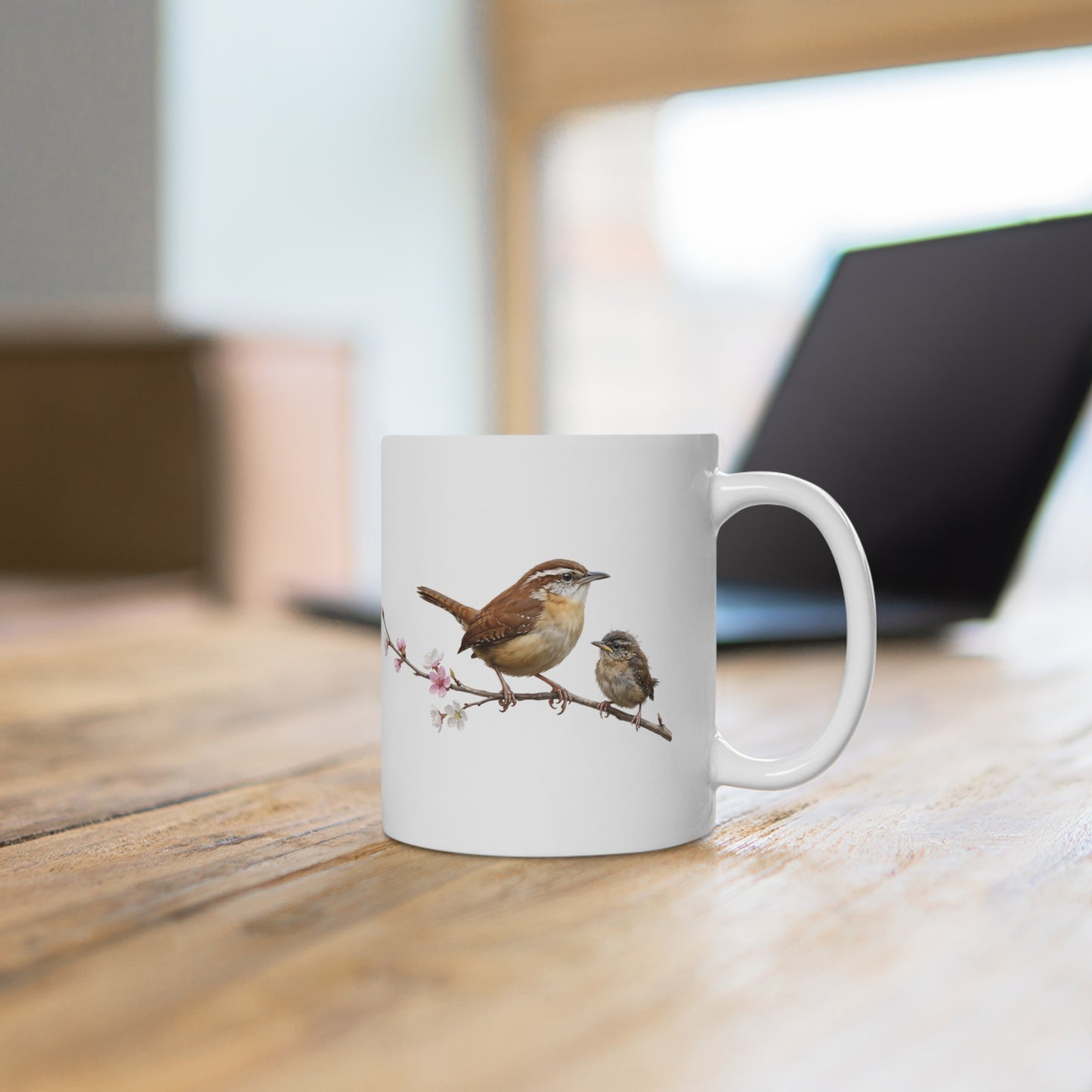 Zaunkönig mit Ästling Premium Keramiktasse | Geschenk für Vogelbeobachter