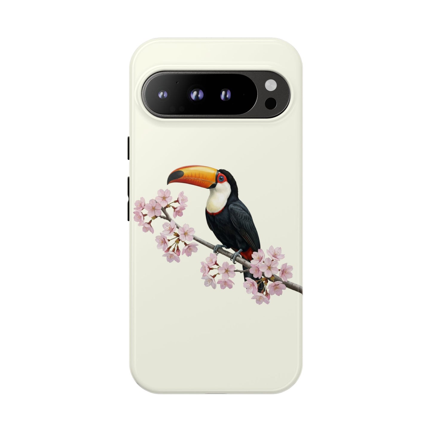 Tukan Handyhülle in Cremeweiß | Florales Kirschblüten Vogel-Motiv für iPhone & Google Pixel