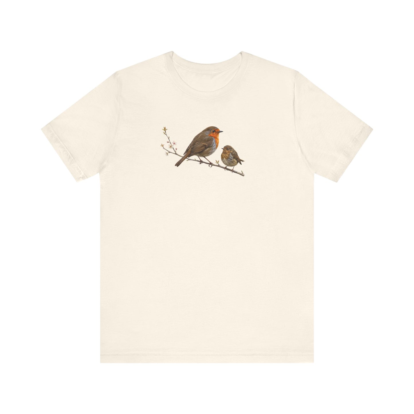 Rotkehlchen & Jungvogel T-Shirt | Frühlingsblüten Vogelmotiv für Vogelbeobachter
