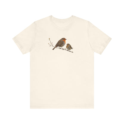 Rotkehlchen & Jungvogel T-Shirt | Frühlingsblüten Vogelmotiv für Vogelbeobachter