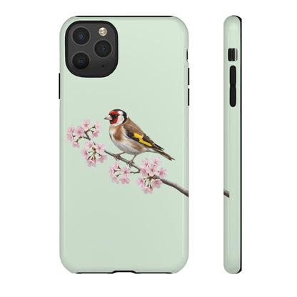 Stieglitz Handyhülle in Salbeigrün | Florales Kirschblüten Vogel-Motiv für iPhone & Google Pixel – animal lover,