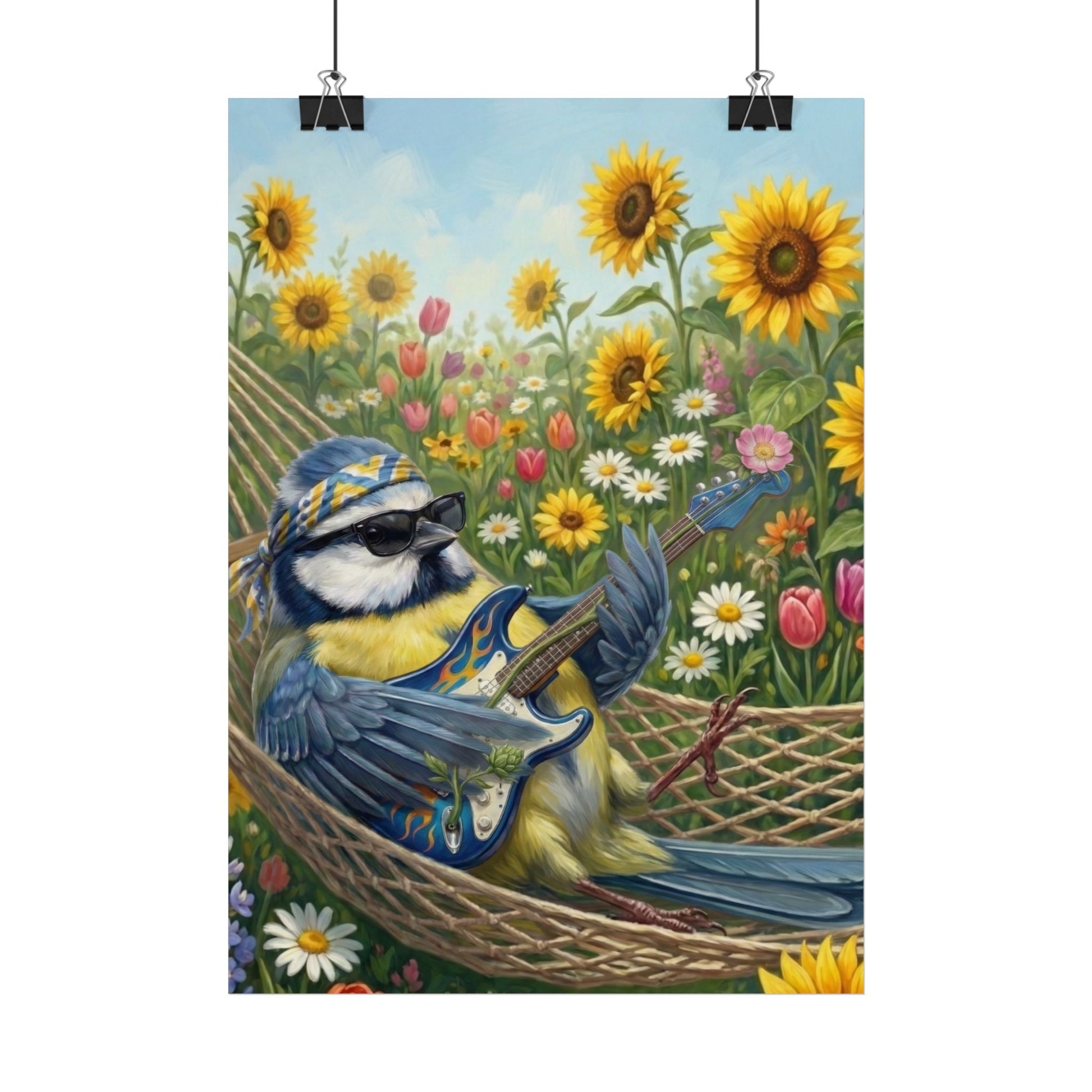 Blaumeise Poster – Bert in der Hängematte Kinderzimmer – Vogel & Gitarre Wandbild | Kinder Deko Blumenwiese