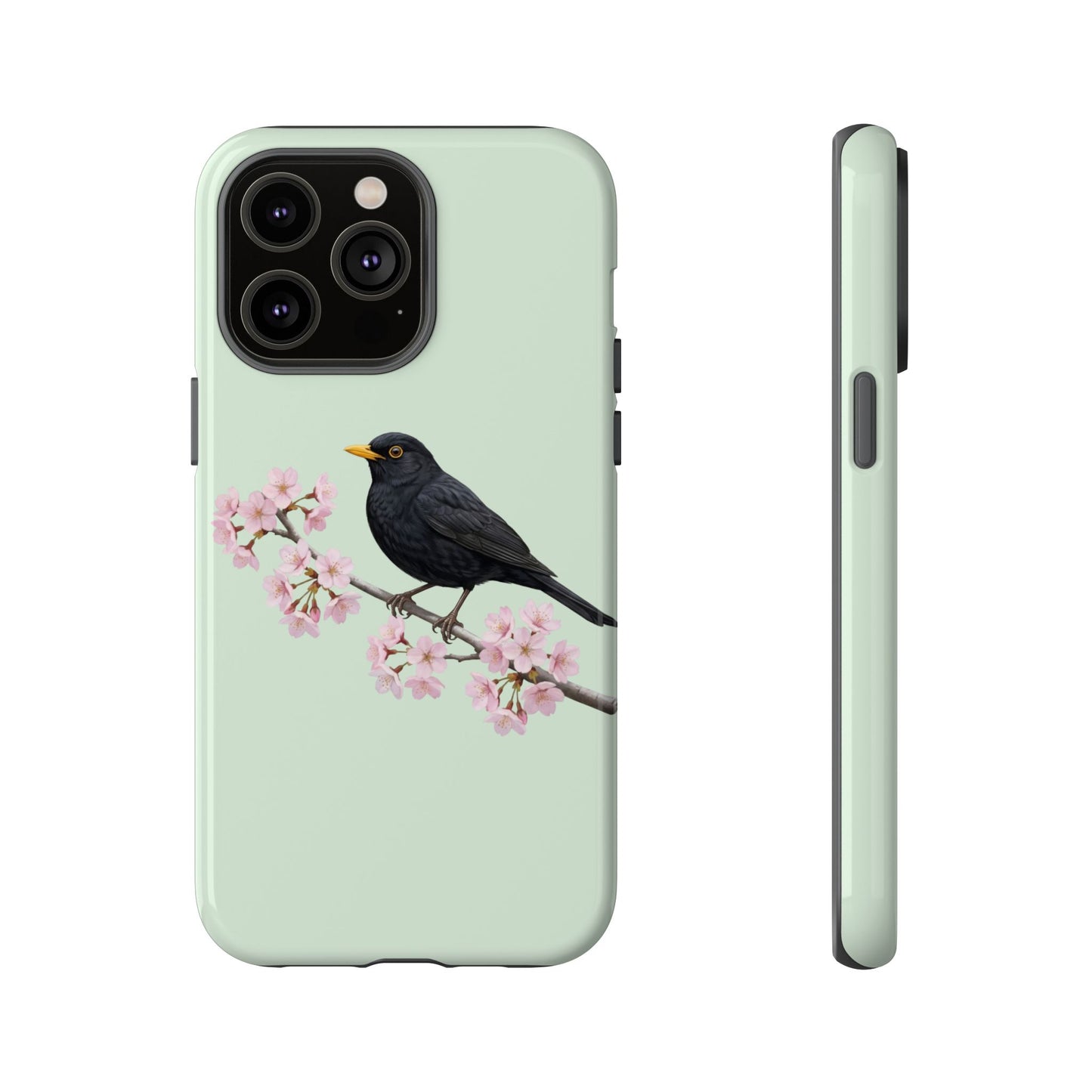 Amsel Handyhülle in Salbeigrün | Florales Kirschblüten Vogel-Motiv für iPhone & Google Pixel