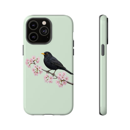Amsel Handyhülle in Salbeigrün | Florales Kirschblüten Vogel-Motiv für iPhone & Google Pixel