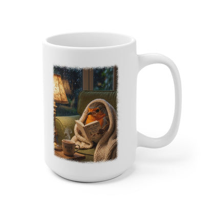 Gemütliche Rotkehlchen Kaffeetasse mit Lese-Motiv | Süße Keramiktasse für Buchliebhaber & Cozy Vibes
