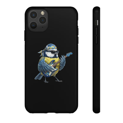 Blaumeise mit Gitarre Premium Handyhülle – Doppelt Geschützt & Rundum Bedruckt Schwarz