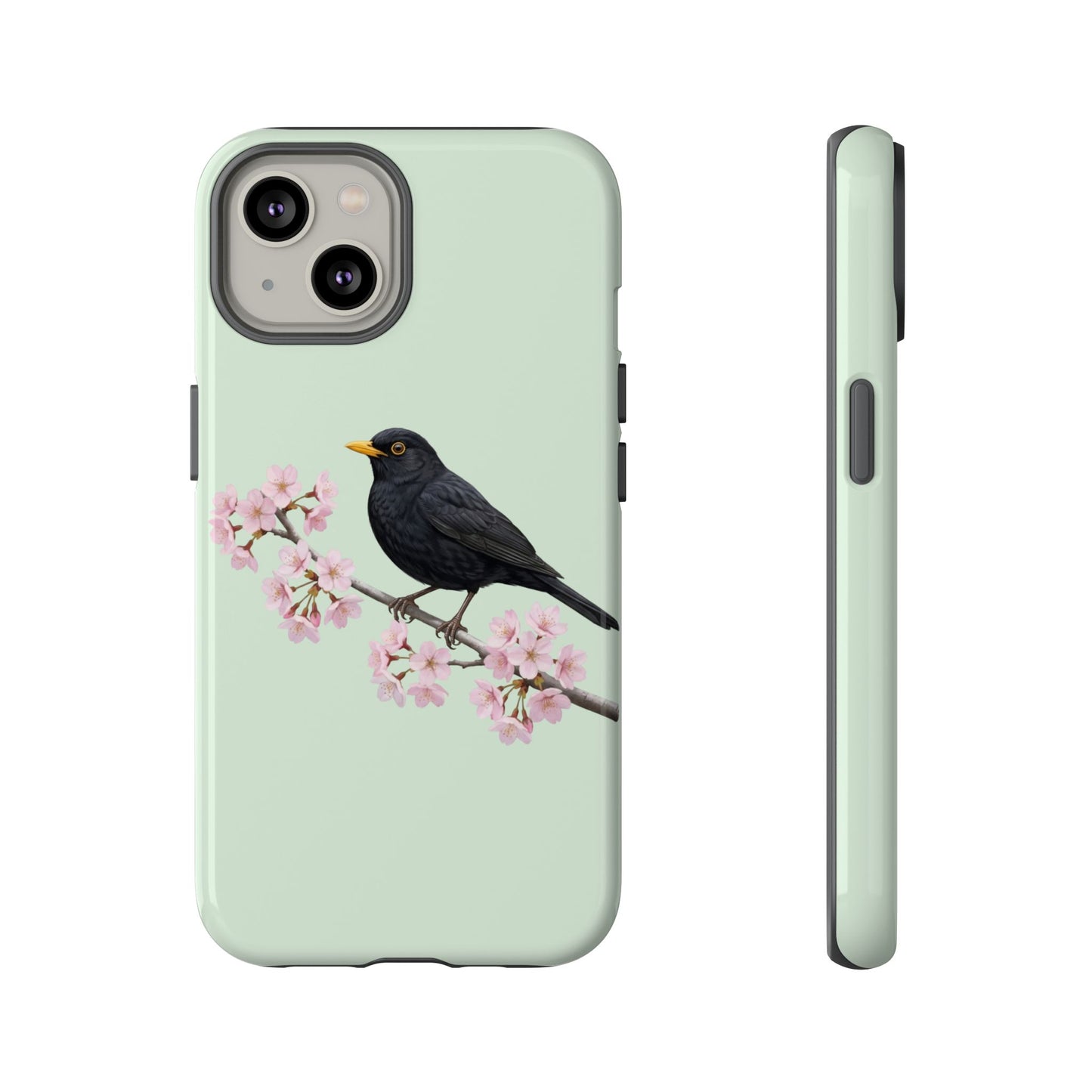 Amsel Handyhülle in Salbeigrün | Florales Kirschblüten Vogel-Motiv für iPhone & Google Pixel