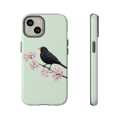 Amsel Handyhülle in Salbeigrün | Florales Kirschblüten Vogel-Motiv für iPhone & Google Pixel
