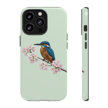 Eisvogel Handyhülle in Salbeigrün | Florales Kirschblüten Vogel-Motiv für iPhone & Google Pixel