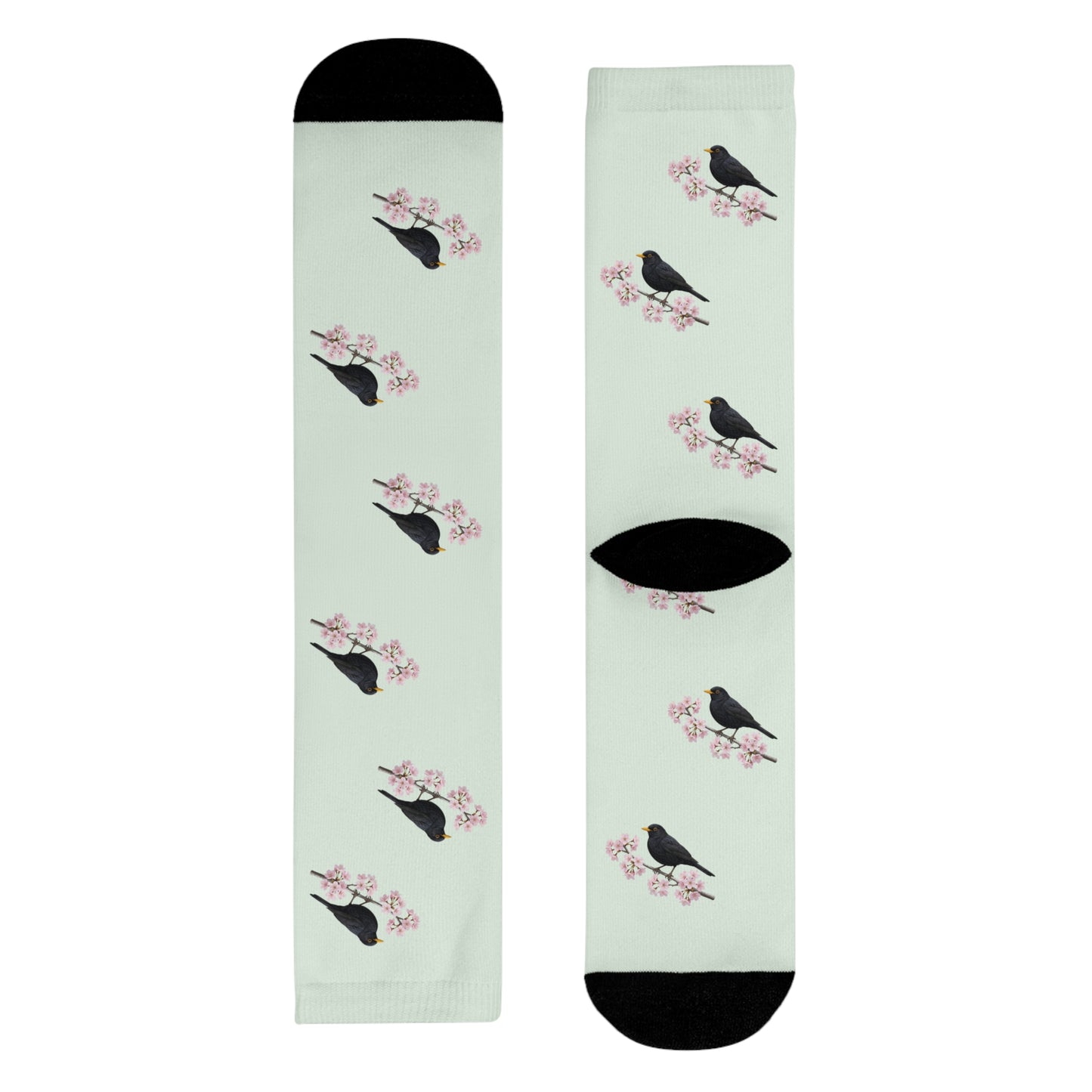 Amsel & Kirschblüten Socken in Salbeigrün | Weiche Baumwollmix-Socken für Naturfreunde