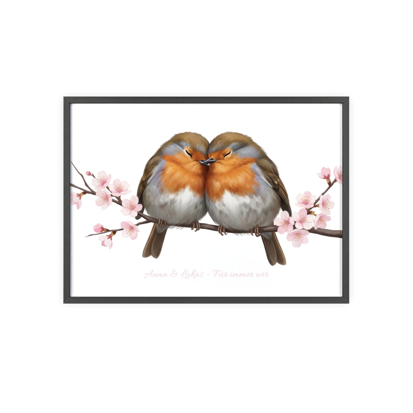 Personalisiertes Wandbild im Holzrahmen – Rotkehlchen-Paar mit Wunschnamen