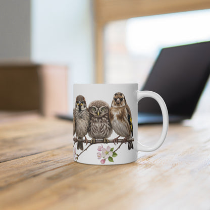 Amsel Rotkehlchen Eule Ästlinge Premium Keramiktasse Weiß | Geschenk für Vogelbeobachter