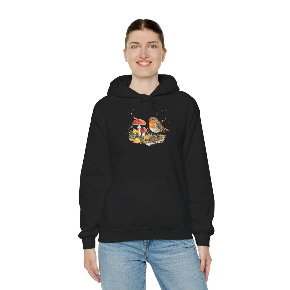 Rotkehlchen Herbst-Hoodie – Kuscheliger Kapuzenpullover mit Laub & Fliegenpilzen